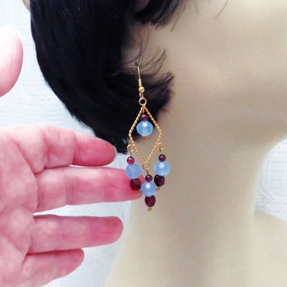 Handmade Garnet Chandelier Earrings on Gold Toned Diamond Shapes for Women - Picture 4 of 7